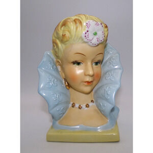 Vintage Porcelain Edwardian Lady Head Vase Blue Dress White Pink Flower Gold